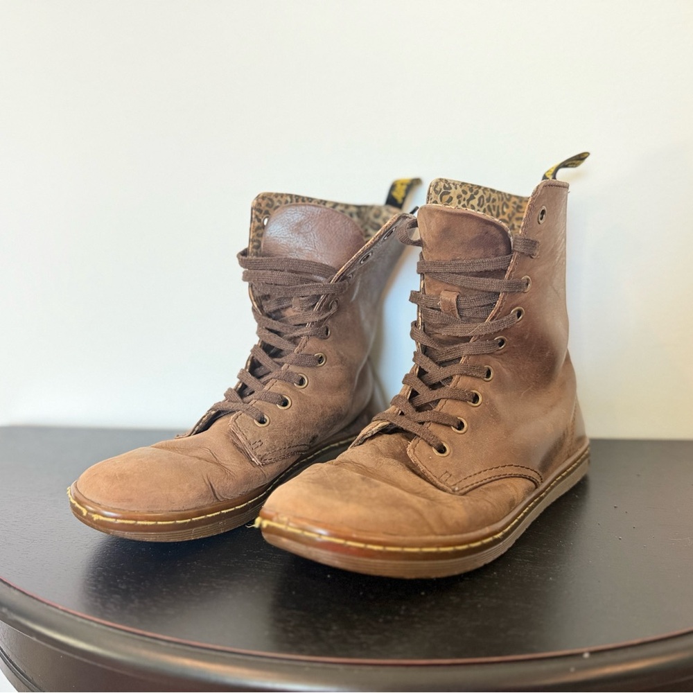 Dr Doc Martens Brown Lace-Up Boots with Leopard Print Lining